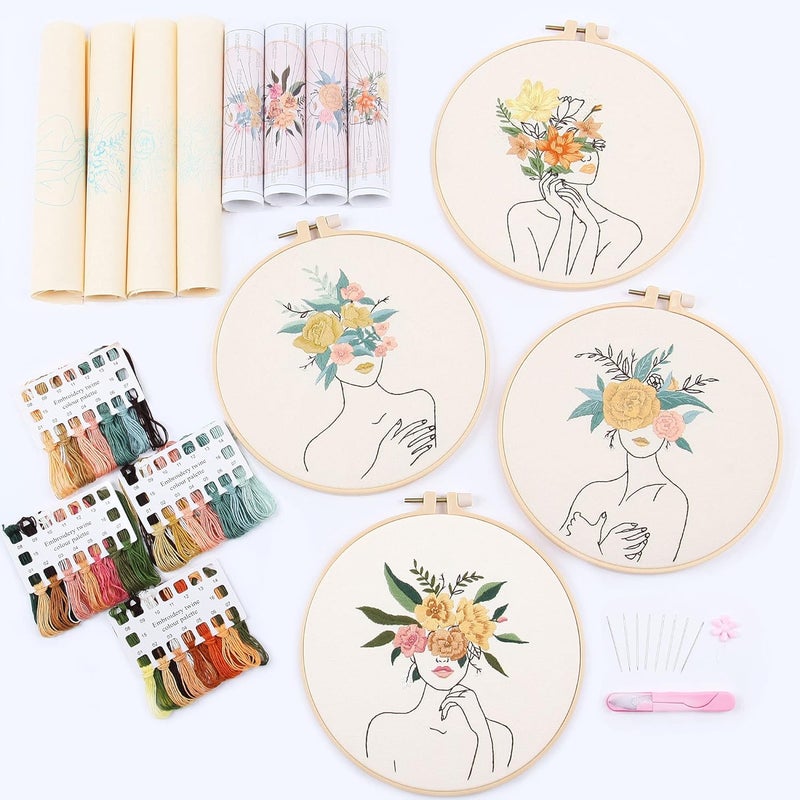 REEWISLY 4 pcs of Embroidery Starter kit with Patterns and Instructions, DIY Adult Beginner Cross Stitch Kits, Including 2 Plastic Embroidery Rings, 1 Pair of Scissors, Colored Threads and Needles - Image 1